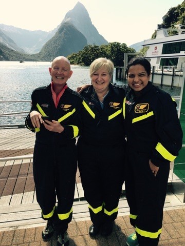 Barb with her colleagues on a retrieval mission at Milford Sound. (Photo: supplied) 