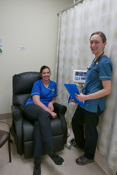 Emergency Department nurses try out the fit to sit chair