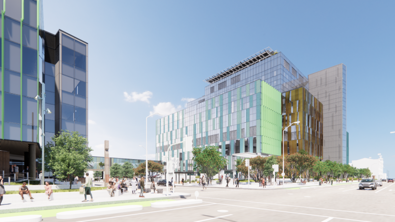 Image 5: View of Outpatient Building (left) and Inpatient Building (right) from the corner of Cumberland and St Andrews Streets