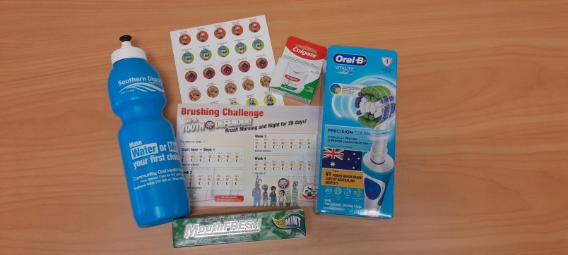 The prize pack contains items to help children with their oral hygiene.