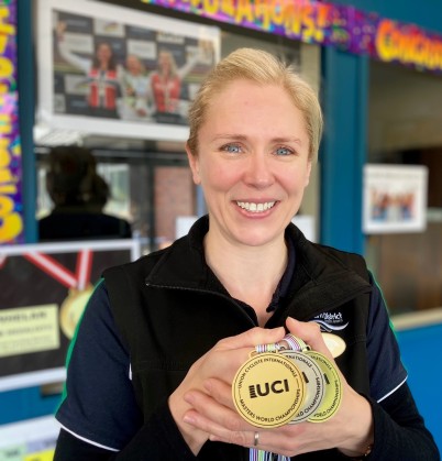 Southland Hospital Occupational Therapist Ruth Whelan with her gold, silver and bronze track cycling medals she won in Manchester, UK. 